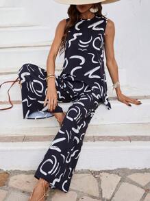 SHEIN LUNE 女用隨機印花不對稱下擺上衣寬褲套裝 - 黑色 - 查看 3