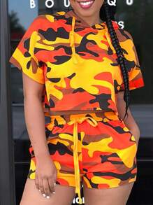 LovelyWholesale Bộ 2 áo hoodie và quần short có dây rút họa tiết rằn ri cho nữ - Màu vàng - Xem 3