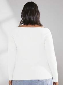 SHEIN BASICS Talla grande Jersey escote corazón tejido de canalé - Blanco - Ver 2