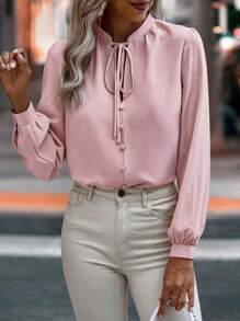 SHEIN LUNE Blusa unicolor de cuello con cordón - Rosa Pálido - Ver 4