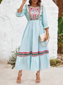 Women's Woven Floral Printed Belted Round Neck Casual Bodycon Dress - Multicolor - View 3