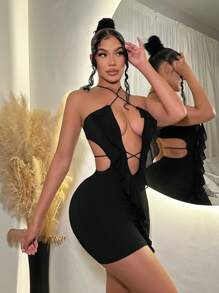 SHEIN SXY Summer Beach Crossing Cutout Deep V-Neck Sexy Slim Fit Backless Halter Dress - Black - View 5