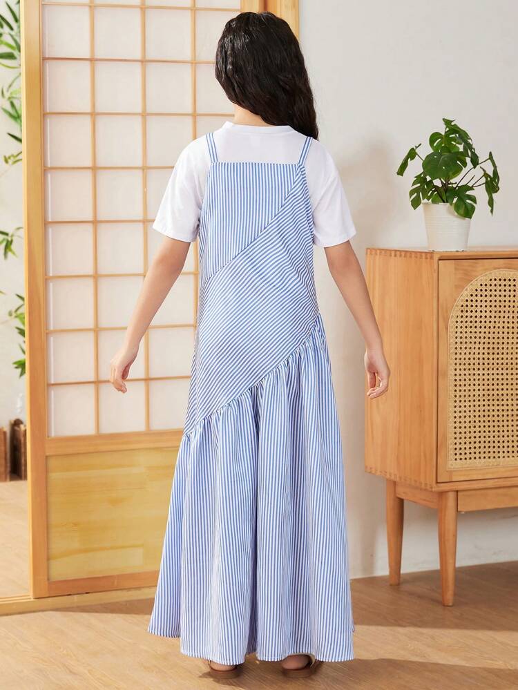 Tween Girls' Loose Casual Striped Suspenders Cross Design Jumpsuit