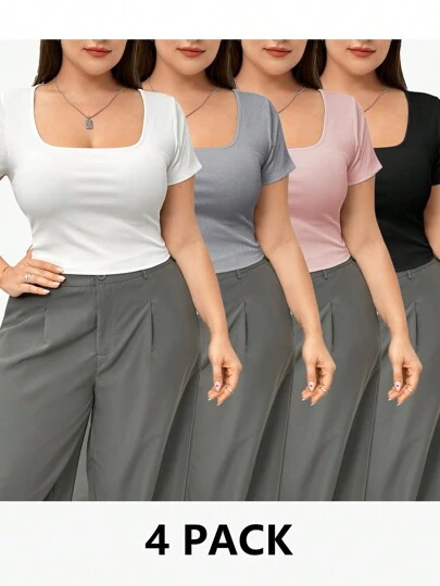 SHEIN Essnce 大码女装春夏新款时尚休闲修身四件套多色 U 领短袖 T 恤