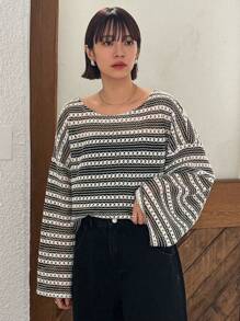 FRIFUL 女式条纹镂空上衣 长袖女式上衣 - 黑色 - 查看 3