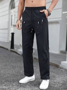 Manfinity Homme 男裝直筒褲,多拉鍊設計 - 黑色 - 查看 8