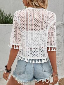 Breezaya Ladies' New Spring, Summer, Early Autumn Hollow Tassel Design Exudes A Sense Of Luxury And Casualness, French Elegance, Casual Versatility, Grand And Exquisite Quality, Gentle And Sexy Half Sleeved Knitted Pullover Top - White - View 2