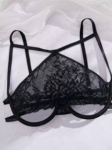 SHEIN Women's Sheer Lace Hollow Out Detail Sexy Lingerie Set - Black - View 5