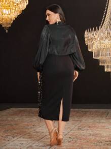 Modelyn Plus Size Sequined Spaghetti Strap Dress With A Lantern Sleeve Jacket Set 2 Piece Set