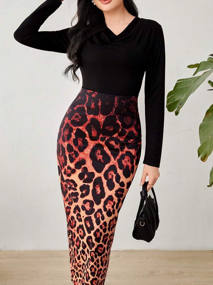 Women's Leopard Print V Neck Long Sleeve Dress
