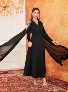Modelyn Women's V-Neck Cape Sleeve Overlay Evening Dress Adorned With Rhinestones & Faux Pearl,Elegant Evening Party Maxi Modest Long Sleeve Dress Long Evening Dresses