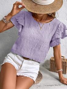 EMERY ROSE Women's Round Neck Ruffled Sleeve Blouse