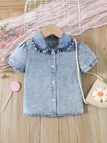 女童（小）休閒舒適簡約蕾絲邊領短袖牛仔上衣