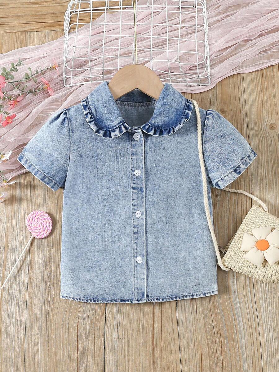 女童（小）休閒舒適簡約蕾絲邊領短袖牛仔上衣