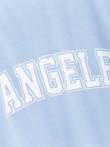 SHEIN Leap Crew Teen Boy Leisure Simple Front Print Los Angeles Short Sleeve T-Shirt And Sports Shorts Knitted Two-Piece Set, Spring And Summer - Baby Blue - View 5