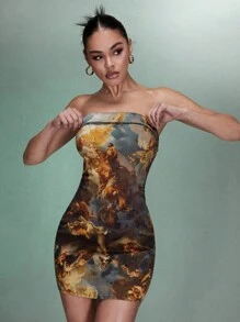 SHEIN BAE Grafika figurowa Dopasowana, Jeansowa Sukienka - Wielokolorowe - Zobacz 4