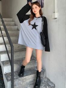 DAZY Colorblock Round Neck Star Printed Raglan Long Sleeve Tee Y2k - Dark Grey - View 2