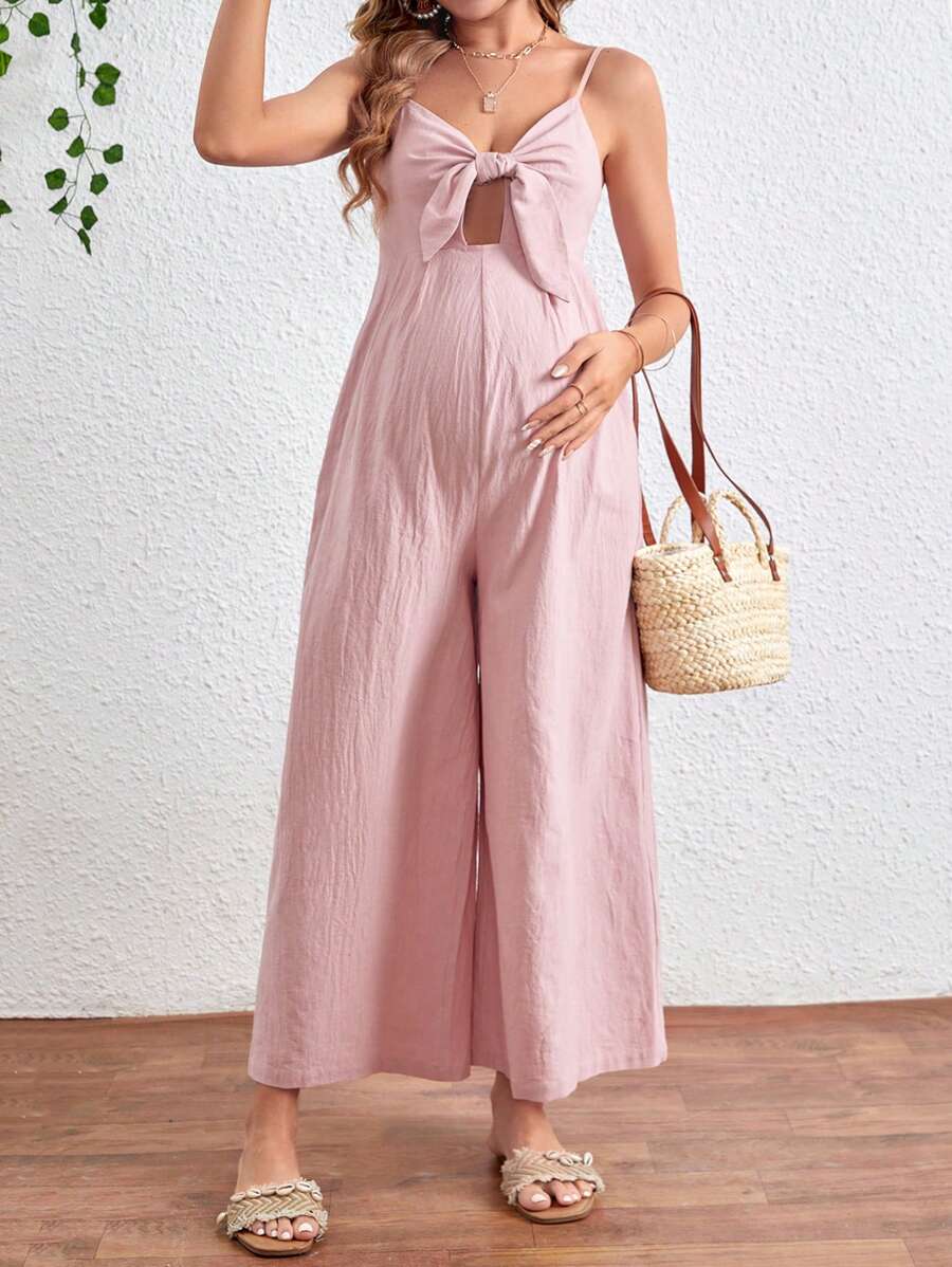 SHEIN Maternity Front Tie & Hollow Out Wide Leg Jumpsuit With Spaghetti Straps - Pink - View 1