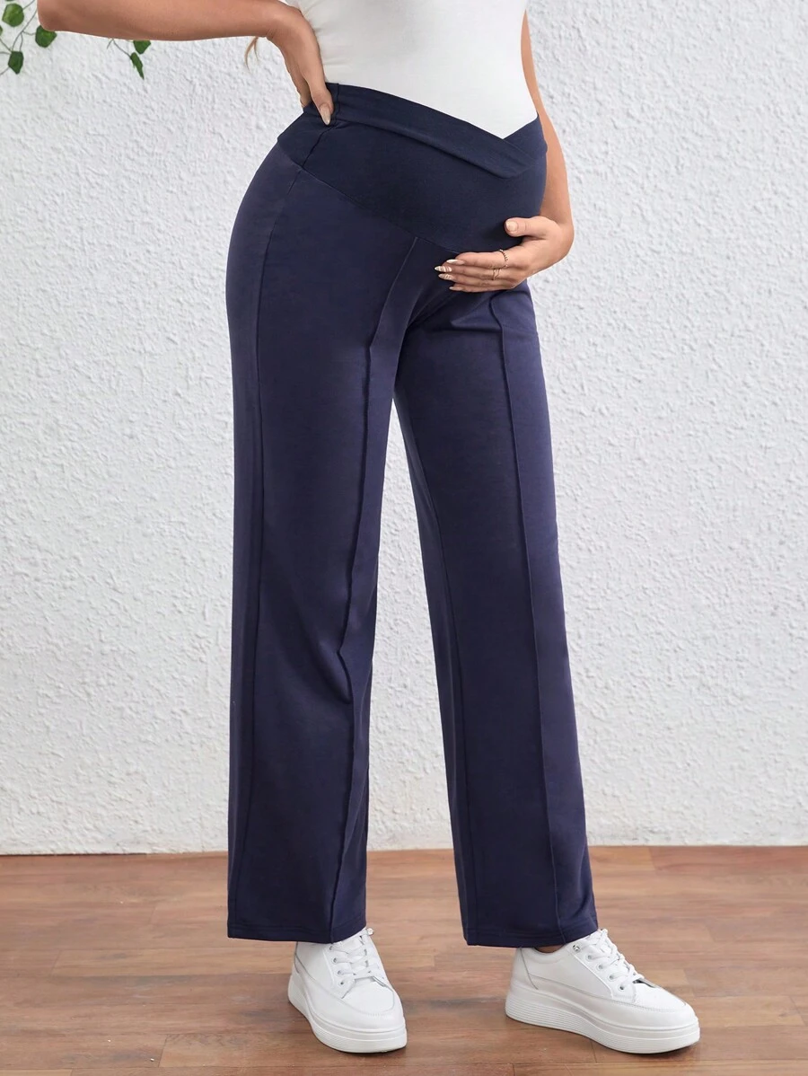 SHEIN Maternity Seamless Wrap Over Waist Straight Pants With Seam Front - Navy Blue - View 1
