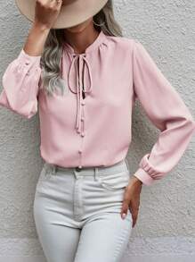 SHEIN LUNE Blusa unicolor de cuello con cordón - Rosa Pálido - Ver 3