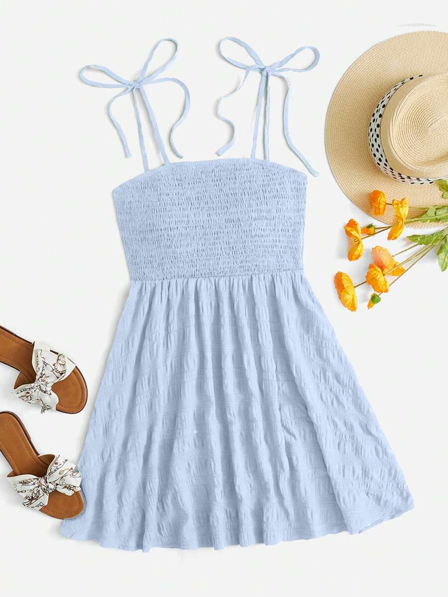 Soleia 女士單色紋理褶皺胸衣露背打結綁帶連褲裙 - 淺藍色 - 查看 1