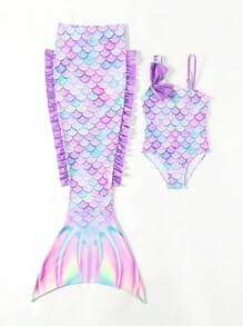 Young Girls' One-Piece Swimsuit With Ruffle Trim And Mermaid Scale Print Summer Holiday - Multicolor - View 4