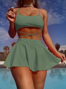 SHEIN Swim Summer Beach Front Bikini Set With Beach Skirt Cover 3pcs Music Festival