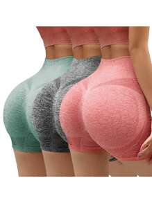 Yoga Basic 3pcs Seamless Space Dye High Stretch Sports Shorts Stretchy Shorts - Multicolor - View 1