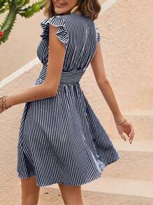 SHEIN LUNE Striped Print Butterfly Sleeve Dress - Navy Blue - View 2