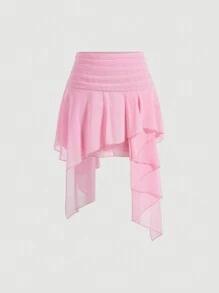 SHEIN MOD Solid Color Asymmetrical Hem Ruffled Skirt,Pink Women Dresses - Pink - View 1