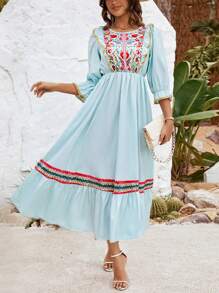 Women's Woven Floral Printed Belted Round Neck Casual Bodycon Dress - Multicolor - View 1