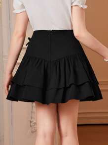 Thiếu niên Cô gái Thắt lưng rộng Hai lớp Váy Với Nơ Đồ trang trí Và Ruffled Hem - màu đen - Xem 2