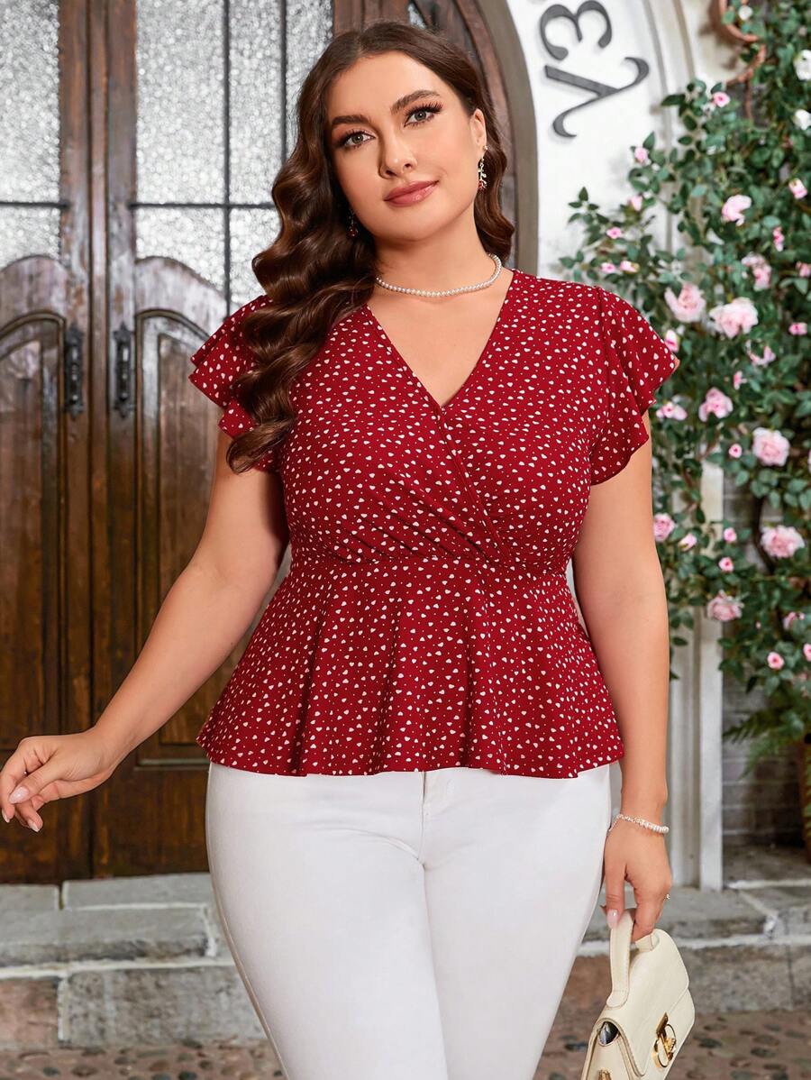 SHEIN Clasi Plus Size Butterfly Sleeve Sweet Red Summer T-Shirt With Heart Pattern