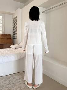 Bộ đồ ngủ tay dài phối ren đơn giản, vải gân, áo và quần dài mặc ở nhà - trắng - Xem 2