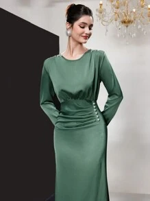 Modelyn Của phụ nữ Màu thuần Xếp li Đầm Với Trân châu Đồ trang trí Đối với Thanh lịch - màu xanh lá - Xem 1