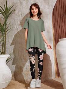 SHEIN Conjunto De Camiseta Asimétrica Con Cuello De Costilla Y Leggings Florales Para Chica Adolescente - Verde Oliva - Ver 5