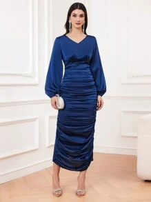 Modelyn Women's Solid Color Lantern Sleeve Ruched Dress, Wedding Guest Dress - Royal Blue - View 1