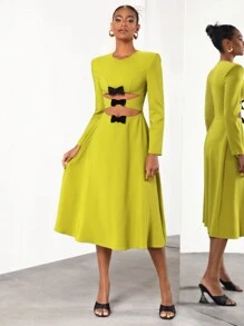 ANEL YAOS Designer Long Sleeve Wide Strap Hollow Out Bowknot Detail Elegant Dress, Sundress For Holiday, Party, Vacation, Birthday Outfits, Spring & Summer, Festival, Ibiza Fits, Wedding Prom Dress - Mustard Yellow - View 5