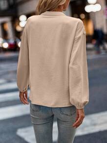 SHEIN LUNE 花边蕾丝嵌件灯笼袖衬衫、长袖上衣 - 杏色 - 查看 2