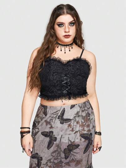 Goth Plus Size Holiday Style Floral Jacquard Lace Trim Crisscross Tie Cami