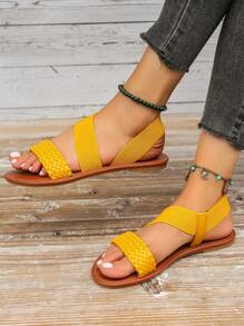 Women's Elastic Strap Flat Sandals With Backstrap And Toe Loop, Plus Size And Small Size Beach Style Casual Daily Commutes - Yellow - View 3