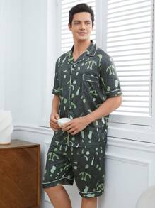 男士有口袋印花扣襯衫和短褲家居服套裝
