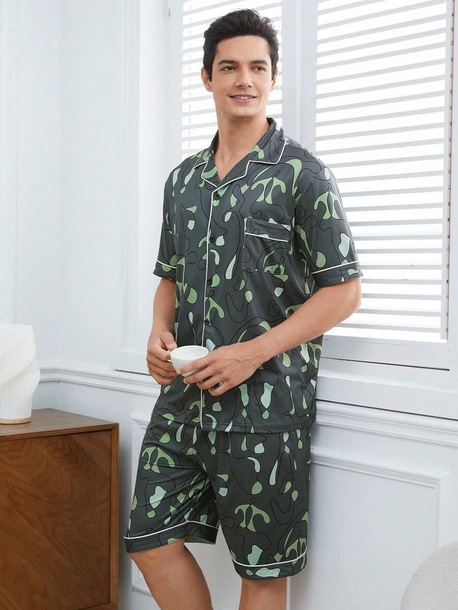 男士有口袋印花扣襯衫和短褲家居服套裝