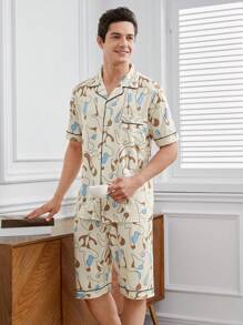 Men's Full Print Design Contrast Piping Pajama Set For Home - Beige - View 1