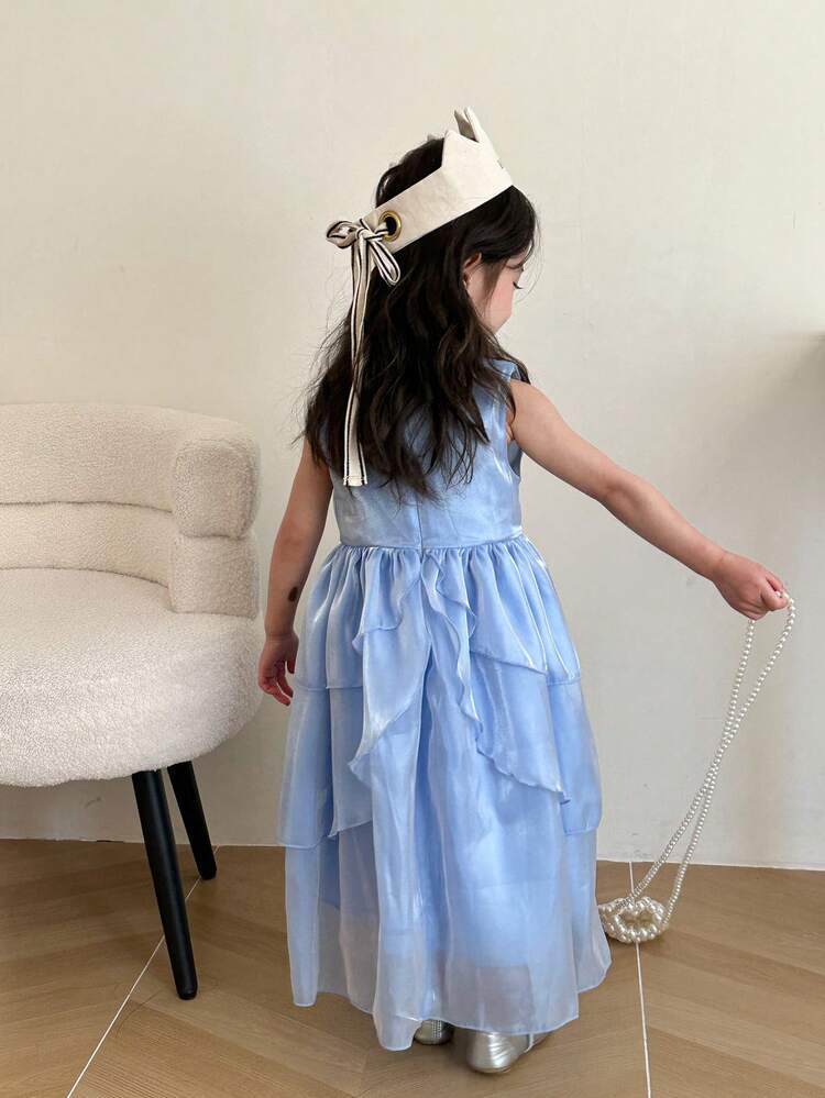 Young Girl Solid Color Ruffled Sleeveless Dress