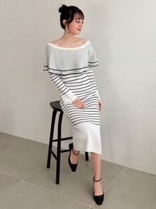 FRIFUL Women's Striped Long Sleeve Sweater Dress,Fall Clothes - Black and White - View 7