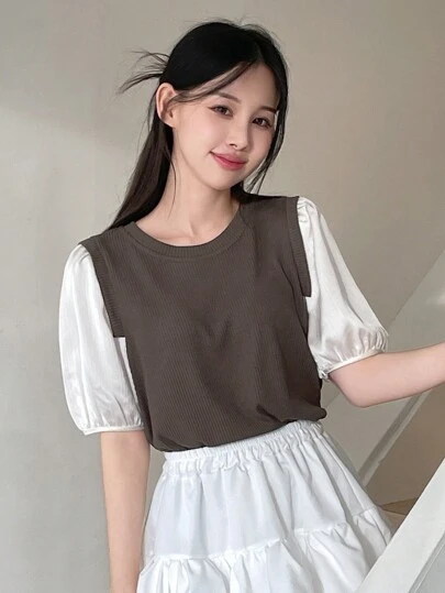 DAZY 女式彩色拼接泡泡袖t恤