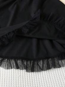SHEIN Tween Girl Party Elegant Round Neck Short Sleeve A-Line Tulle Wedding Flower Girl Dress With Waistband - Black - View 3