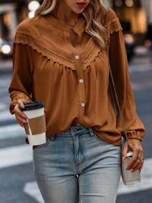 LanaWest Guipure Lace Insert Lantern Sleeve Blouse Women Shirt,Long Sleeve Tops Fall Cloth For Women - Brown - View 3