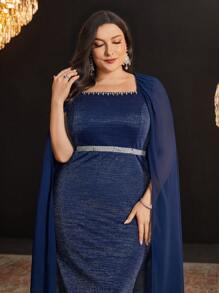 Modelyn Vestido de fiesta elegante de talla grande con cuello cuadrado, bajo asimétrico y mangas tipo murciélago, vestido largo para eventos de noche - azul real - Ver 3